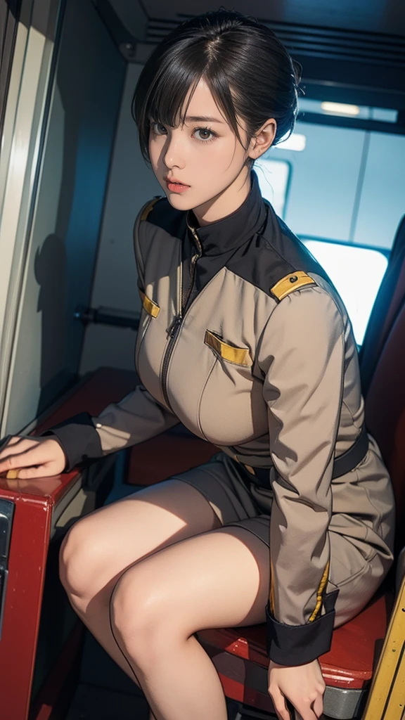 ****************、Earth Federation Operator Girl Soldier、Black short hair、Large Breasts、Idol-level cuteness、Childish face and appearance、Operator intercom mounted on head、Accurately drawn faces、thin、健康的なKnee-lengthスカート風の地球連邦軍制服、Knee-length、Inside the bridge of a battleship、Low angle shot、Anatomically correct、Accurate Fingers、Accurate Rimbuster Piece、Photorealization