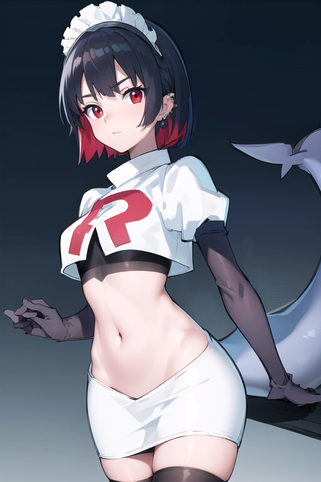 ellenjoe, ellen joe, black hair, colored inner hair, multicolored hair, (red eyes:1.3), red hair, short hair, two-tone hair,
BREAK ear piercing, fins, fish tail, maid headdress, piercing, shark girl, shark tail, tail, two-tone hair, team rocket,team rocket uniform,white skirt,red letter R,crop top,black thigh-highs,black elbow gloves,
BREAK looking at viewer, (cowboy shot:1.5),
BREAK (masterpiece:1.2), best quality, high resolution, unity 8k wallpaper, (illustration:0.8), (beautiful detailed eyes:1.6), extremely detailed face, perfect lighting, extremely detailed CG, (perfect hands, perfect anatomy),