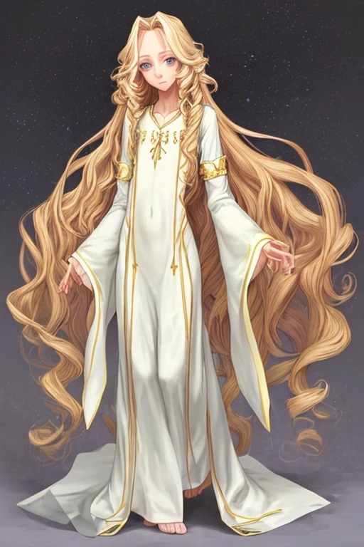 A slim boy with feminine features long curly blonde hair wearing a tunic that covers his body