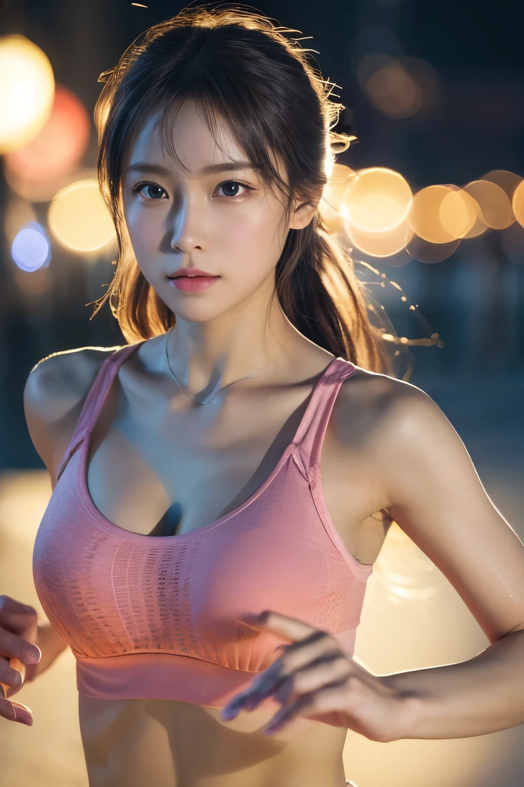 masterpiece, best quality, extremely detailed CG unity 8k wallpaper, RAWphoto, woman, I am doing athletics、photograph、photograph立て, Realistic skin texture、Anatomical Hand、Anatomical Fingers、SLR、looking at the photo. The photo shows her running, bokeh photography, (soft focus):1.2, out-of-focus highlights, dreamy ambiance, glowing circles, mesmerizing depth