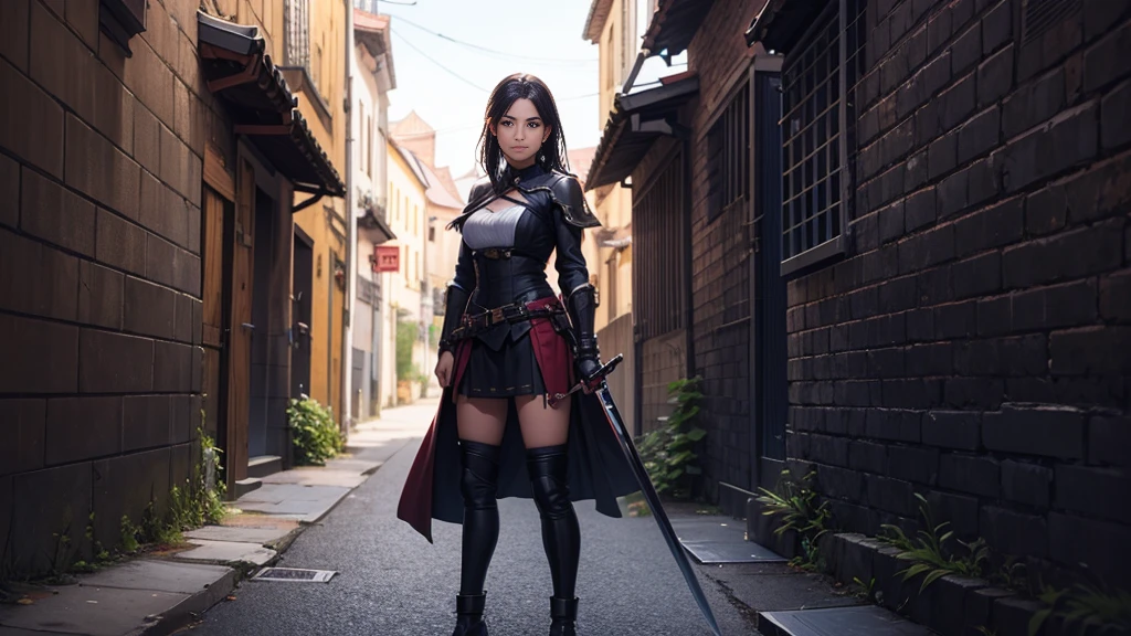 A girl standing putting her sword at right direction, angry, evil smile, old town alley wall background