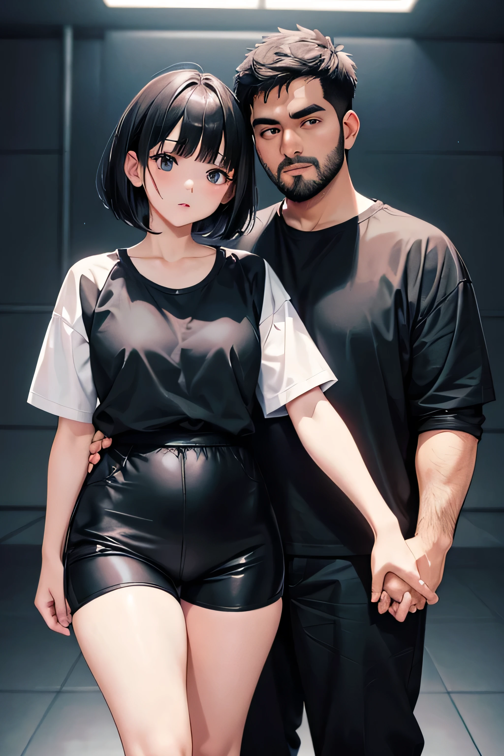 Anime Philippine girl, wearing black tshirt and shorts,short hairstyle,black hair, black eyes,round face,chubby cheeks, beautiful pink lips,medium height,girl has medium fat body, couple pose , holding hands with a tall Indian guy , slim body black hair , wearing black tshirt and white jacket, small hair beard on face ,slim body , both characters facing camera