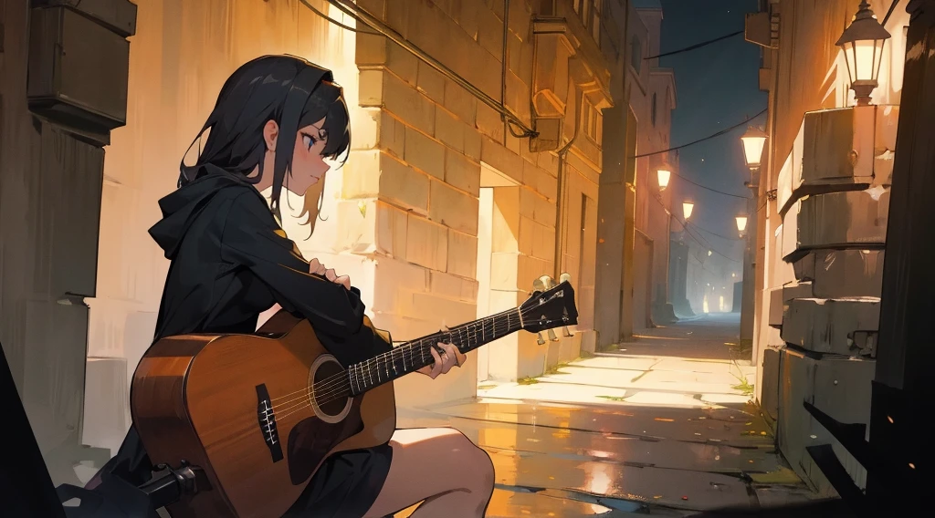 (masterpiece:1.3), (the best quality:1.2),
masterpiece,night,(dark alley),dire backgroud,
(1 girl), (solo), Knee hugging sitting,acousticguitar