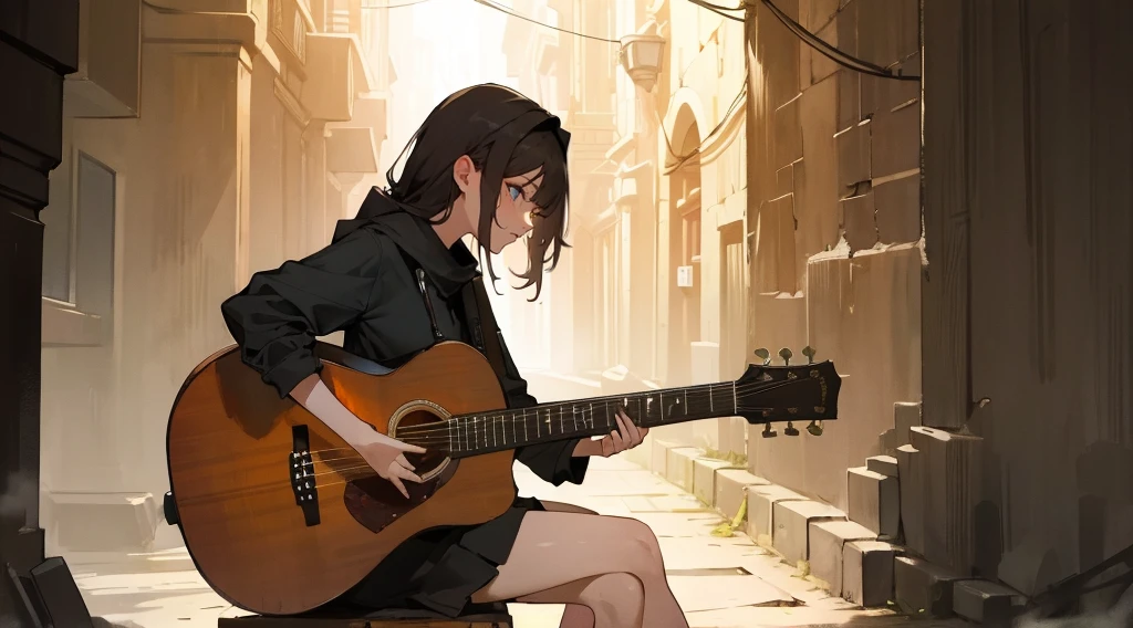 (masterpiece:1.3), (the best quality:1.2), 

masterpiece,night,(dark alley),dire backgroud,
(1 girl), (solo), Knee hugging sitting，acousticguitar