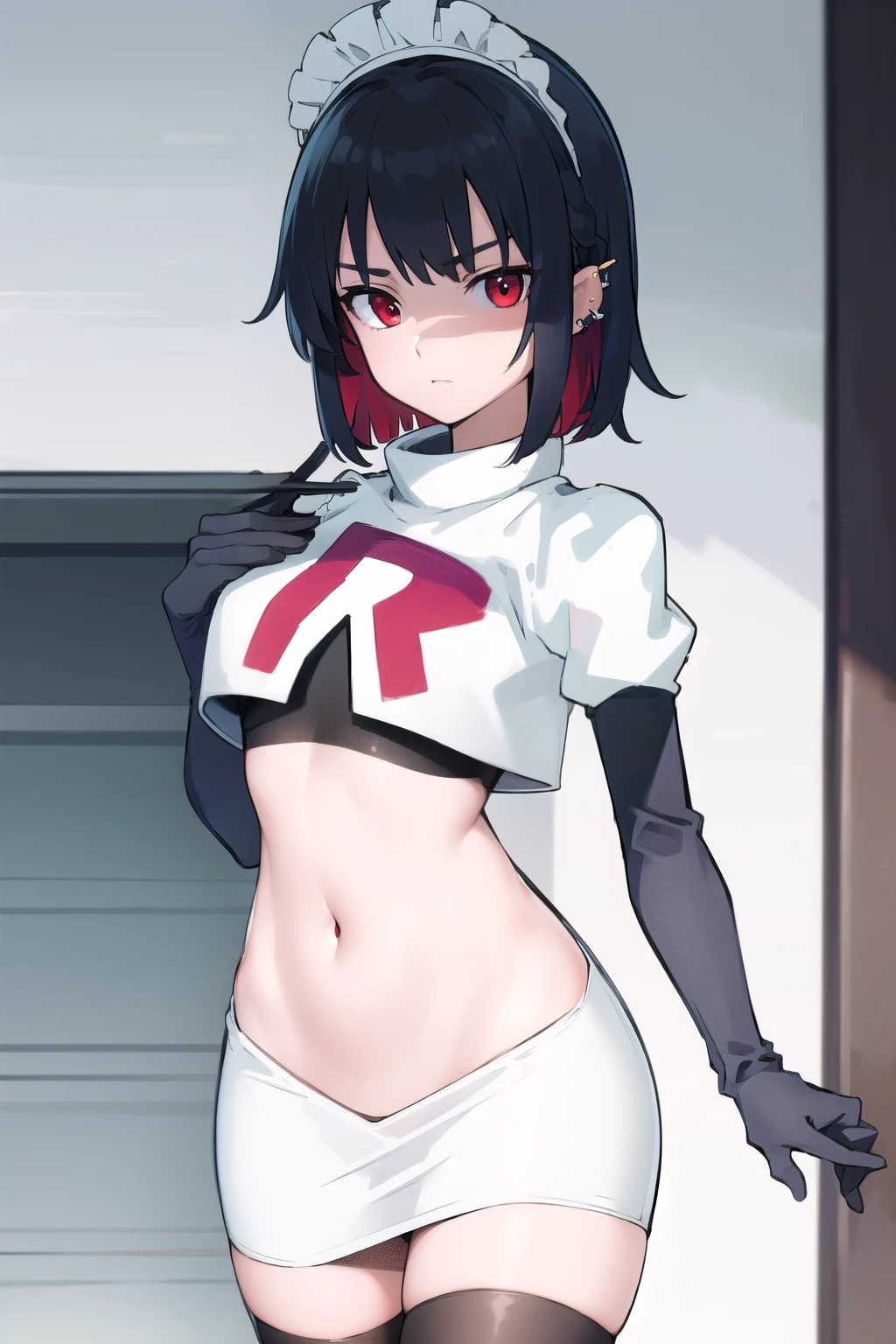 ellenjoe, ellen joe, black hair, colored inner hair, multicolored hair, (red eyes:1.3), red hair, short hair, two-tone hair,
BREAK ear piercing, fins, fish tail, maid headdress, piercing, shark girl, shark tail, tail, two-tone hair, team rocket,team rocket uniform,white skirt,red letter R,crop top,black thigh-highs,black elbow gloves,
BREAK looking at viewer, (cowboy shot:1.5),
BREAK (masterpiece:1.2), best quality, high resolution, unity 8k wallpaper, (illustration:0.8), (beautiful detailed eyes:1.6), extremely detailed face, perfect lighting, extremely detailed CG, (perfect hands, perfect anatomy),