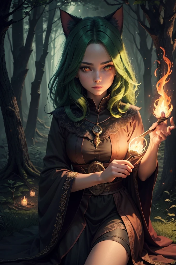 a mystic,cat,witch,bonfire,Starry sky,the forest,dark colors,vibrant eye color,ultra detail,Maximum Drawing,Endless Flow of Power,Red eyes,green hair,Nice atmosphere,Calm reigns all around,Ultra resolution,masterpiece,Art