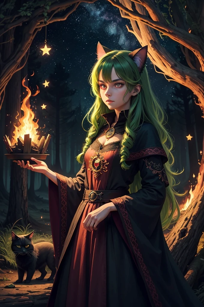 a mystic,cat,witch,bonfire,Starry sky,the forest,dark colors,vibrant eye color,ultra detail,Maximum Drawing,Endless Flow of Power,Red eyes,green hair,Nice atmosphere,Calm reigns all around,Ultra resolution,masterpiece,Art