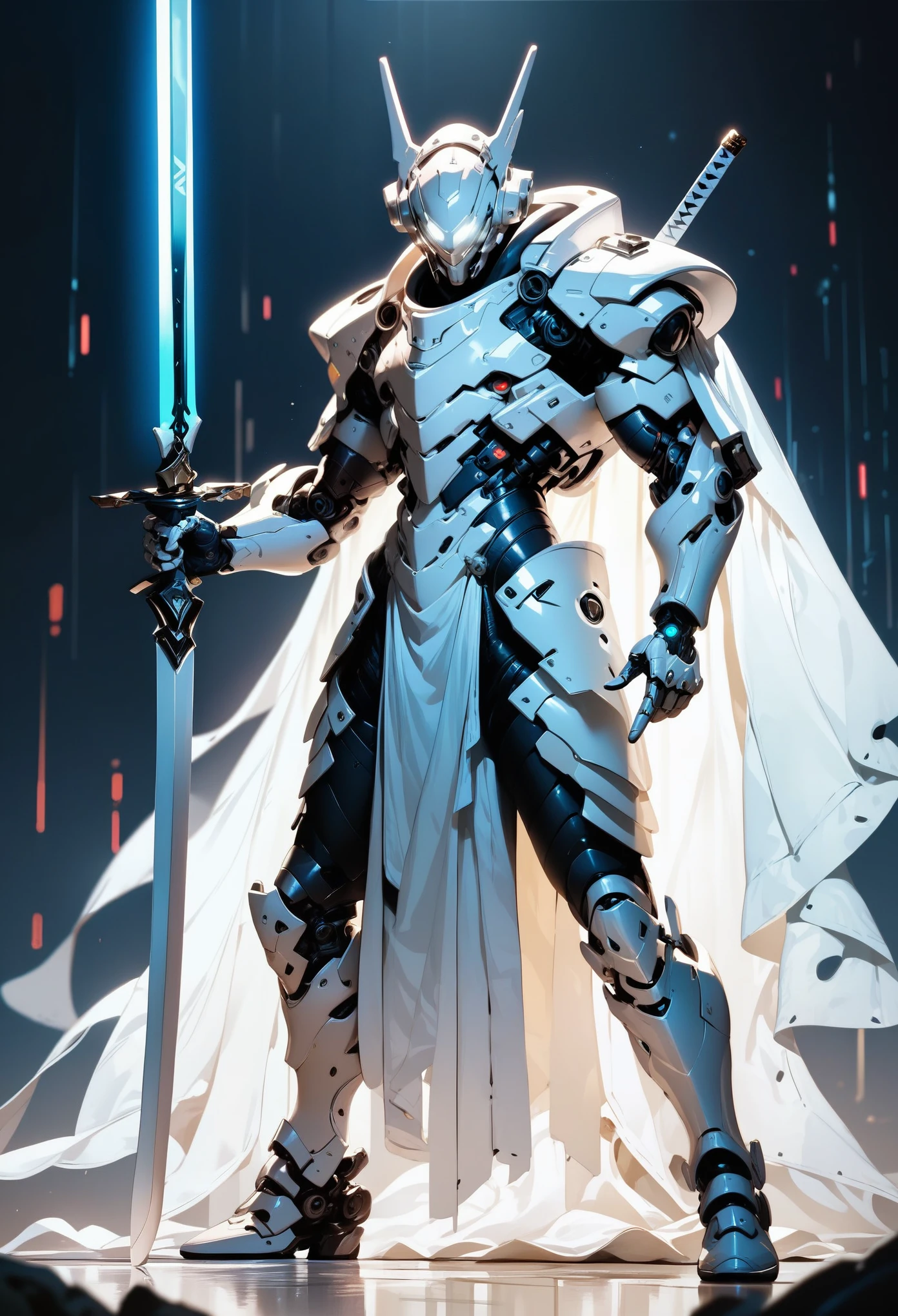 1 boy, alone, three-quarter profile, detailed background well integrated into the image, white armor, white glowing eyes, full body, light armor, white hair, cyberpunk, sword pointing to the ground, white cape, holding a sword stuck in the ground, sword with white and black engravings, background of a castle entrance, full white armor, white futuristic helmet, standing pose leaning on the sword, tight armor, dark aura, white mechanical arm, three-quarter view