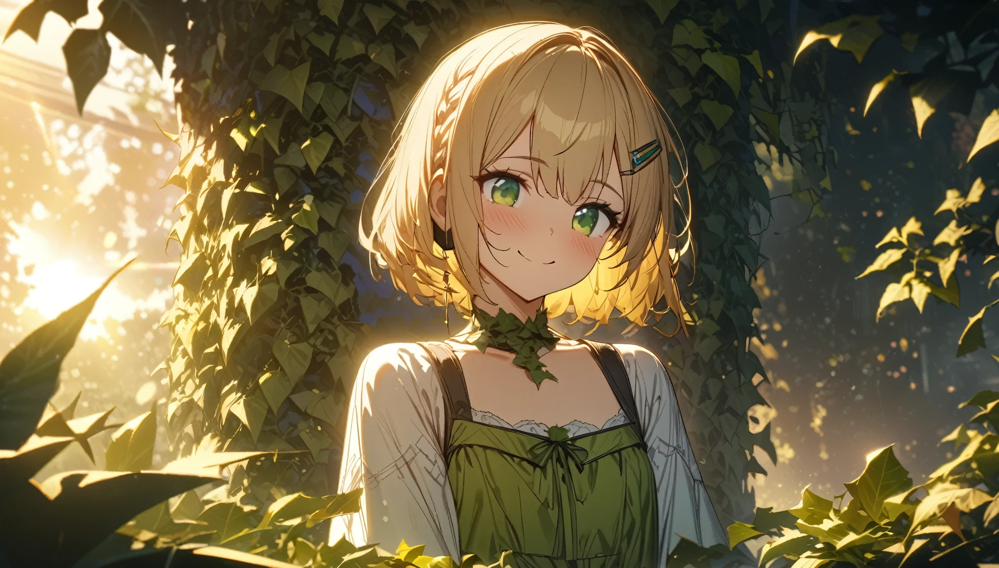 one girl, blonde short hair and bob hair、a braid, I tied my hair in a bun with a hair clip..、beautiful green eyes、smile、gentle smile on her face、flat chest, one Beautiful girl,((masterpiece, illustration, best quality) ((ultra-detailed)) Rule of Thirds Profound foliage with Ivy, at Sunrise, Embarrassing, Cleancore, split lighting, Bright design, contest winner, beautiful, closing eyes while listing to music while wearing headphones, 濃い青とBeautiful Blueのグラデーション, High resolution, 8K HD detail, hyper-detail, cinematic, surrealism, soft light, deep field focus bokeh, ray tracing and surrealism. --v6