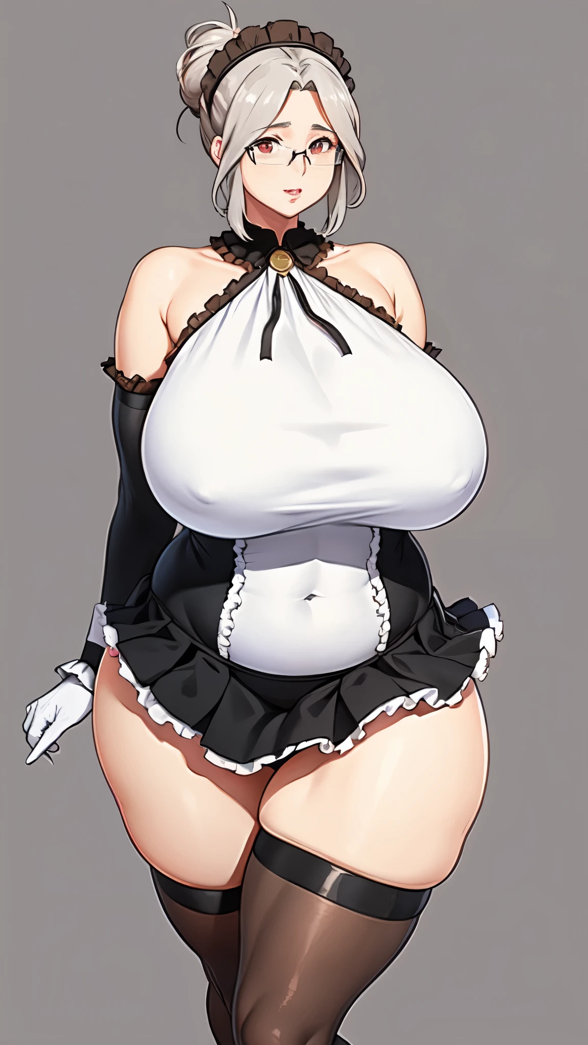 Mature mother, Seductive mature woman, milf, Red eyes, Gray Hair, chignon, Side Lock, Huge breasts, bangs, parted bangs, curvy, Glasses, 縁なしGlasses, semi-縁なしGlasses,labiMaid, gloves, white gloves, Exposing shoulders, black Maid headdress, Maid, Black knee socks, Frills, Covered navel, white elbow gloves, ultra Short dress, Collared dress, Maid dress, Black collar,
(Huge breasts:1.2), narrow waist, wide hips, ((thick thighs, long legs)), bare legs,  Camel Toe, panties,
jewelry,See through, View your viewers,  hair ornaments, choker, shy,
(masterpiece, Highest quality, Highest quality, Official Art, beautifully、aesthetic:1.2), (1 girl), Very detailed,  colorful, Most detailed,
simple white background, (from side:0.8), full body, feet,