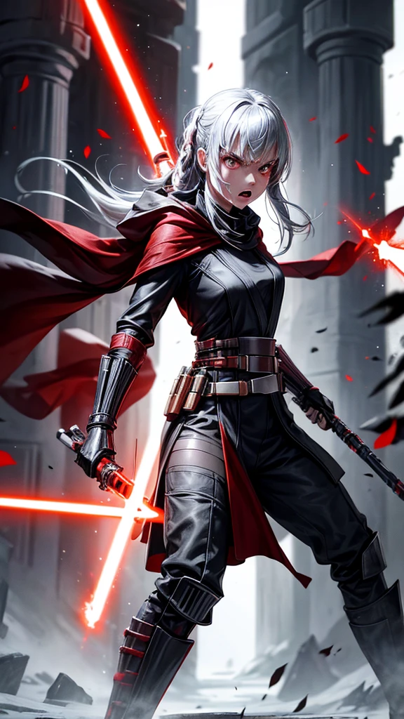 Star Wars reference; Sith Warrior, Assassin, bounty hunter, red lightsaber; opening attack, black pallete clothes and robes; full shining silver armor; female with angry expression; Empire Senate mini robes