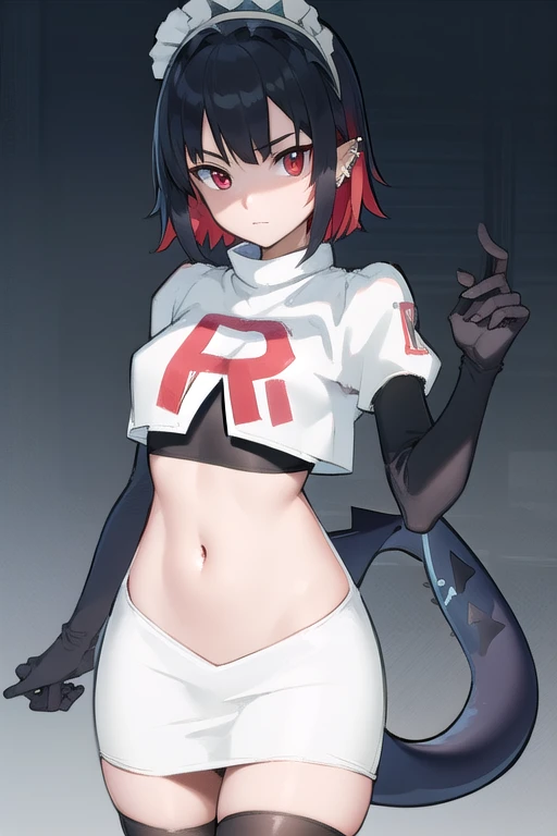 ellenjoe, ellen joe, black hair, colored inner hair, multicolored hair, (red eyes:1.3), red hair, short hair, two-tone hair,
BREAK ear piercing, fins, fish tail, maid headdress, piercing, shark girl, shark tail, tail, two-tone hair, team rocket,team rocket uniform,white skirt,red letter R,crop top,black thigh-highs,black elbow gloves,
BREAK looking at viewer, (cowboy shot:1.5),
BREAK (masterpiece:1.2), best quality, high resolution, unity 8k wallpaper, (illustration:0.8), (beautiful detailed eyes:1.6), extremely detailed face, perfect lighting, extremely detailed CG, (perfect hands, perfect anatomy),