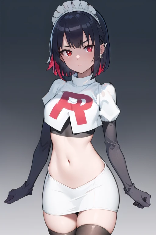 ellenjoe, ellen joe, black hair, colored inner hair, multicolored hair, (red eyes:1.3), red hair, short hair, two-tone hair,
BREAK ear piercing, fins, fish tail, maid headdress, piercing, shark girl, shark tail, tail, two-tone hair, team rocket,team rocket uniform,white skirt,red letter R,crop top,black thigh-highs,black elbow gloves,
BREAK looking at viewer, (cowboy shot:1.5),
BREAK (masterpiece:1.2), best quality, high resolution, unity 8k wallpaper, (illustration:0.8), (beautiful detailed eyes:1.6), extremely detailed face, perfect lighting, extremely detailed CG, (perfect hands, perfect anatomy),