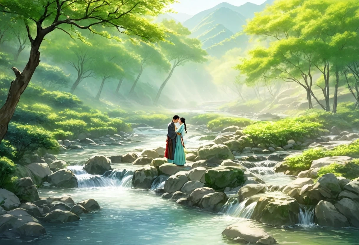 ancient china, spring morning with green trees, in the foot of a mountain there is a stream, a man and a woman wearing long hanfu standing on the bank of the stream kissing and hugging each other