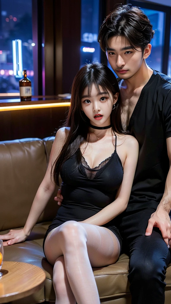 (((SFW : 1.2))), (((pornography))), (realistic), (intricate details:1.2), (masterpiece、:1.3), (top quality:1.4), (Ultra A high resolution:1.2), Ultra A high resolution, 8K resolution, very detailed expression, dark, (high quality), complete anatomy, natural anatomy, full body photo, (1 korean Girl being caress by 2 korean men at night : 1.6), she is 21 years old, (call girl:1.5), (prostitute: 1.5), (she is korean:1.6), (beautiful : 1.4), (Dyed fancy colored hair banging), (big earrings), heavy makeup, Confusing wording, choker necklace, long legs, (a girl weared slim feminine dress :1.4), (she weared thin pantyhose that looks flesh : 1.4), (a girl weared strappy high heels :1.4), (2 men being weared t shirts and training pants : 1.3), (2 men are the house's owner : 1.4), glowing skin,(eye contact each other :1.4), (the men tie up her arms behind back:1.4), (((orgasm : 1.4))), (((moaning : 1.2))),(She being caught and sexually harassed by 2 men : 1.5), (she be forcibly raped by 2 men : 1.5), violated by them, She can not resist holding her arms grabbed by men., his dicks are being inserted into her pussy and anal., a man tighten her panty, a man tears off her pantyhose to explore her pussy, grabed ass, (The men grabbed her thighs.), caress, fondle, (lobby of nightclub : 1.6), (sitting on sofa: 1.4), (wiskey and fruit on the table: 1.4), (detailed background:1.2),(She has fun with several Korean men : 1.4), 