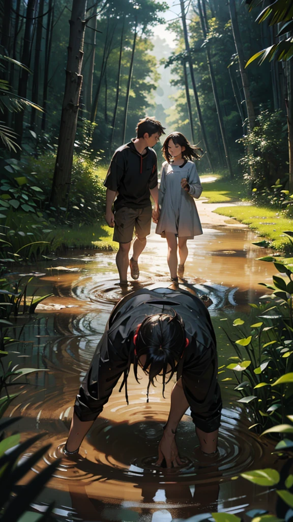A couple gets stuck in a mud puddle in the forest. The girl is wearing short clothes. It is evening.