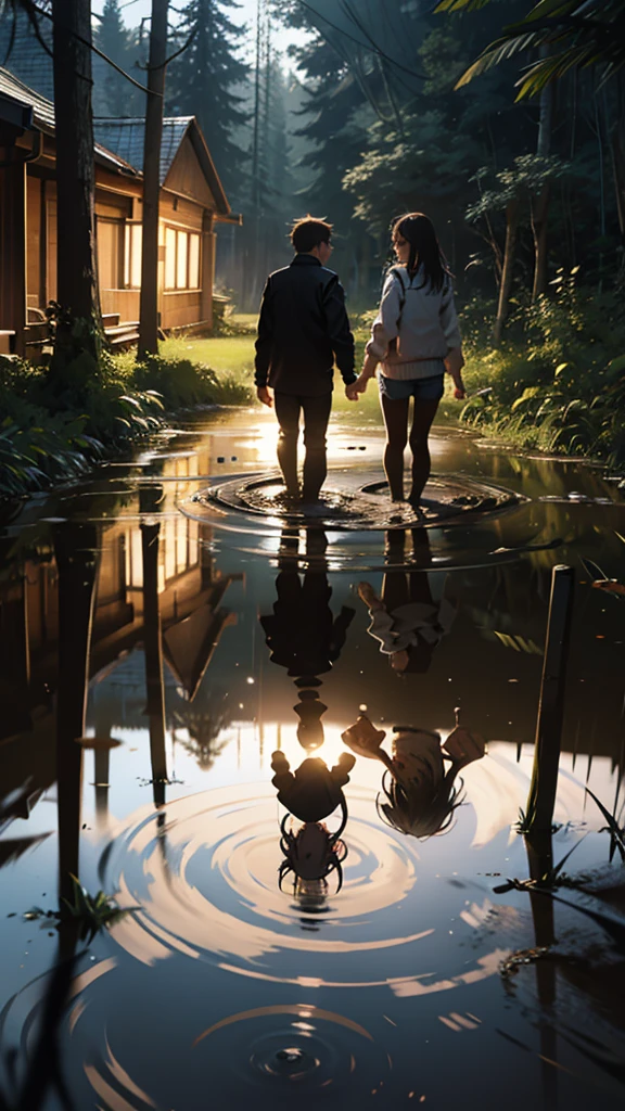 A couple gets stuck in a mud puddle in the forest. The girl is wearing short clothes. It is evening.