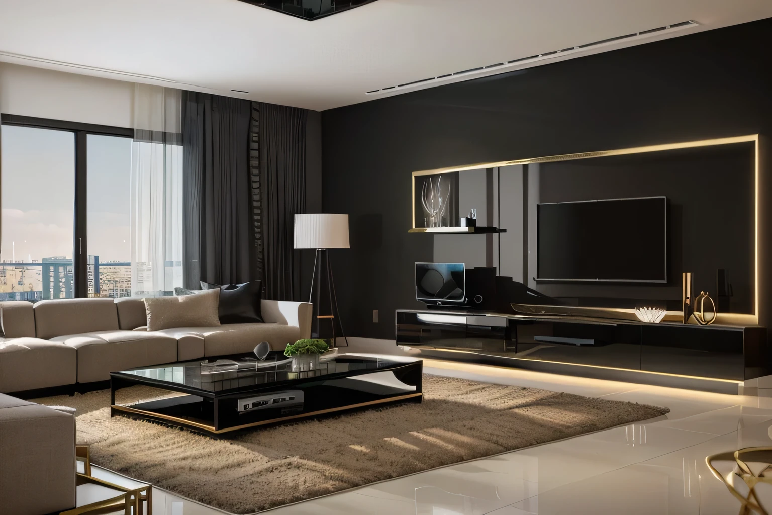 arafed living room with a large tv and a couch, modern living room, luxury condo interior, apartment with black walls, popular interior design style, modern style, modern interior design, living room interior, futuristic looking living room, cozy contemporary living room, living room interior design, beautiful 3 d rendering, in style of 3d render, 3 d rendering
