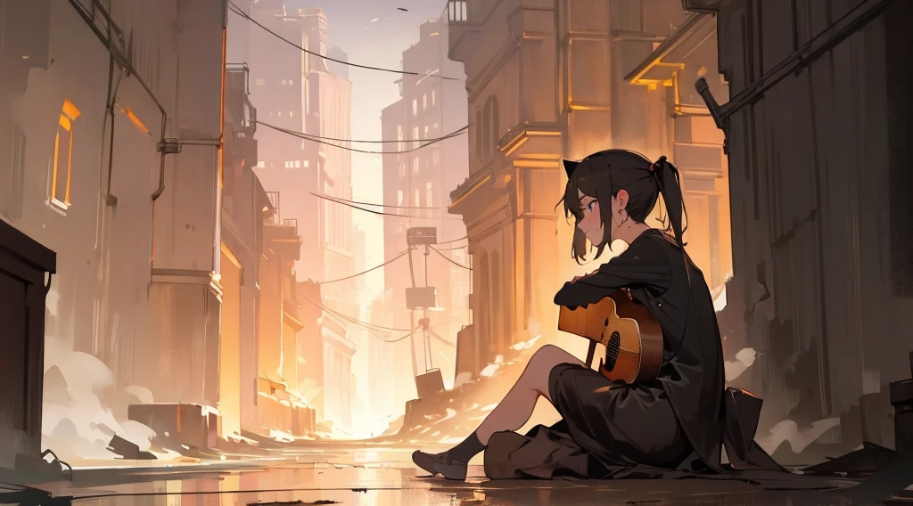 (masterpiece:1.3), (the best quality:1.2),
masterpiece,night,(dark alley),dire backgroud,
(1 girl), (solo), Knee hugging sitting,acousticguitar