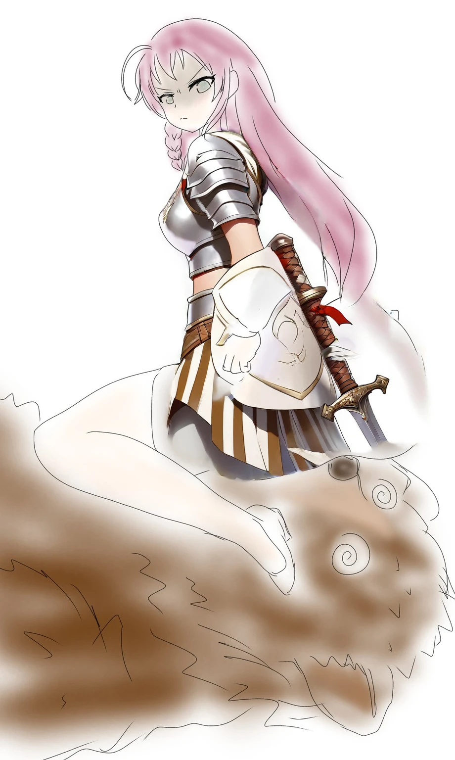 Woman warrior，armor，sword，Brave，skirt，Striped pants