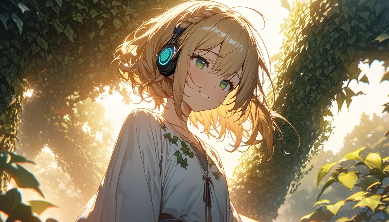 one girl, blonde short hair and bob hair、a braid, I tied my hair in a bun with a hair clip..、beautiful green eyes、smile、gentle smile on her face、flat chest, one Beautiful girl,((masterpiece, illustration, best quality) ((ultra-detailed)) Rule of Thirds Profound foliage with Ivy, at Sunrise, Embarrassing, Cleancore, split lighting, Bright design, contest winner, beautiful, closing eyes while listing to music while wearing headphones, 濃い青とBeautiful Blueのグラデーション, High resolution, 8K HD detail, hyper-detail, cinematic, surrealism, soft light, deep field focus bokeh, ray tracing and surrealism. --v6