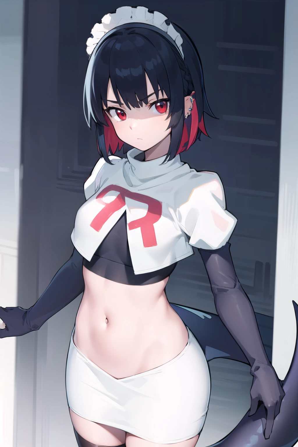 ellenjoe, ellen joe, black hair, colored inner hair, multicolored hair, (red eyes:1.3), red hair, short hair, two-tone hair,
BREAK ear piercing, fins, fish tail, maid headdress, piercing, shark girl, shark tail, tail, two-tone hair, team rocket,team rocket uniform,white skirt,red letter R,crop top,black thigh-highs,black elbow gloves,
BREAK looking at viewer, (cowboy shot:1.5),
BREAK (masterpiece:1.2), best quality, high resolution, unity 8k wallpaper, (illustration:0.8), (beautiful detailed eyes:1.6), extremely detailed face, perfect lighting, extremely detailed CG, (perfect hands, perfect anatomy),