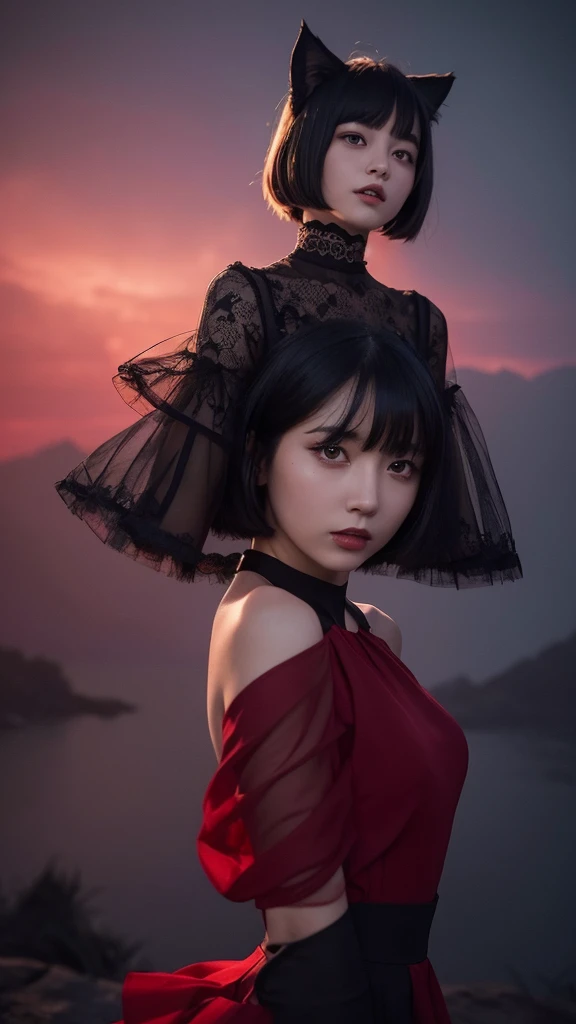 Delicate and dainty young woman with shiny bob-cut black hair and cat ears. She is wearing red only  mini-skirt dress. The background is a fantastic and ethereal night sky that seems to be haunted by a specter. Her expression is stern and atmospheric. Angle from directly below