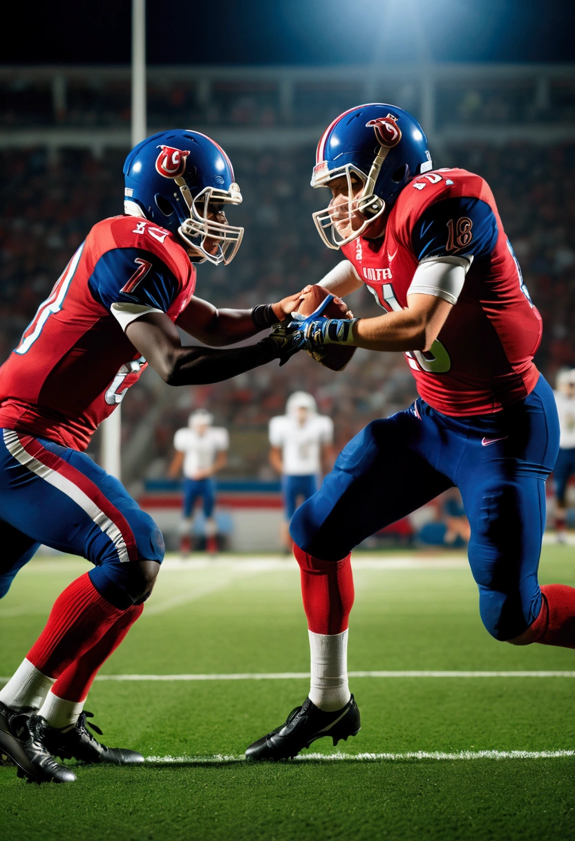 (Sports Photography), On the football field, two players compete fiercely for the football. The shutter captures the tension and determination on their faces, using low angles and high shutter speeds to highlight the tension and intensity of the game, full body, award-winning, cinematic still, emotional, vignette, dynamic, vivid, (masterpiece, best quality, photorealistic, Professional, perfect composition, very aesthetic, absurdres, ultra-detailed, intricate details:1.3)