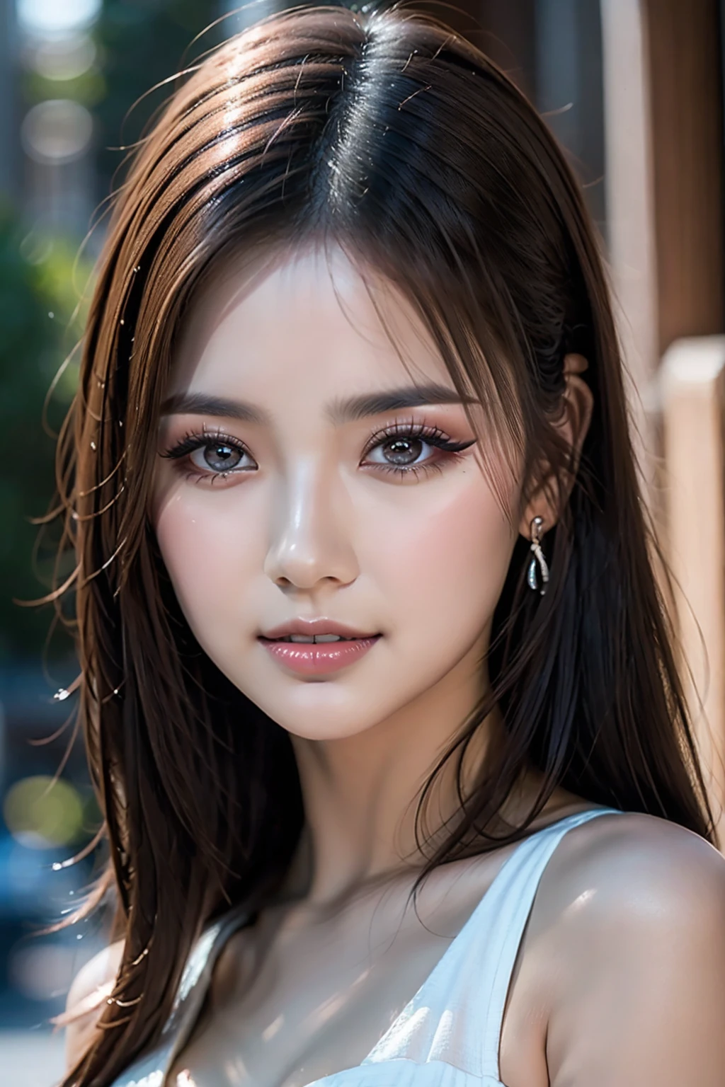 1 woman: 1.4, 20 years old, photorealistic Realism 8K quality (Ultra high resolution Realistic eyes clear, sharp, absurd quality, not blurry),(droopy eyes:1.3), Dark Eyes, Thin eyebrows, Carefully draw eyelashes, Eyelash extensions, Gal Makeup, pink teak. [face:makeup|color][eyes:brown:1.25][long eyelashes:blue:1.2][perfect shadows for eyelids:pink:1.4], Makeup:1.2, (soft neon lighting on the face and body)),(perfect proportions),(anatomically correct),(perfect female body:1.4),(firm normal full breasts),slim face,beautiful cheekbones,((slim-muscled body:1.24)),(Super beautiful face),(realistic face),(highly detailed face:1.3), finely details face,finely quality eyes,