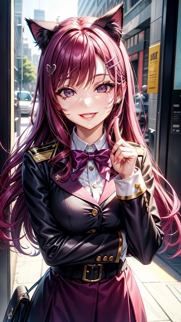 Magenta hair, hazel eyes, older woman, uniform clothes, hair jewel ornament, cat ears, long hair, smiling face