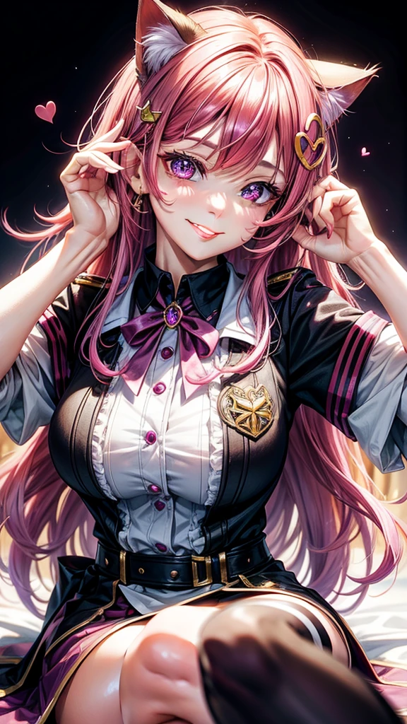 Magenta hair, brown eyes, older woman, long thick hair, pretty hair ornaments, smile face, happy, cat ears, sexy uniform outfit, color background, butterflies, teal and yellow, no hair in face, no bangs in hairstyle 