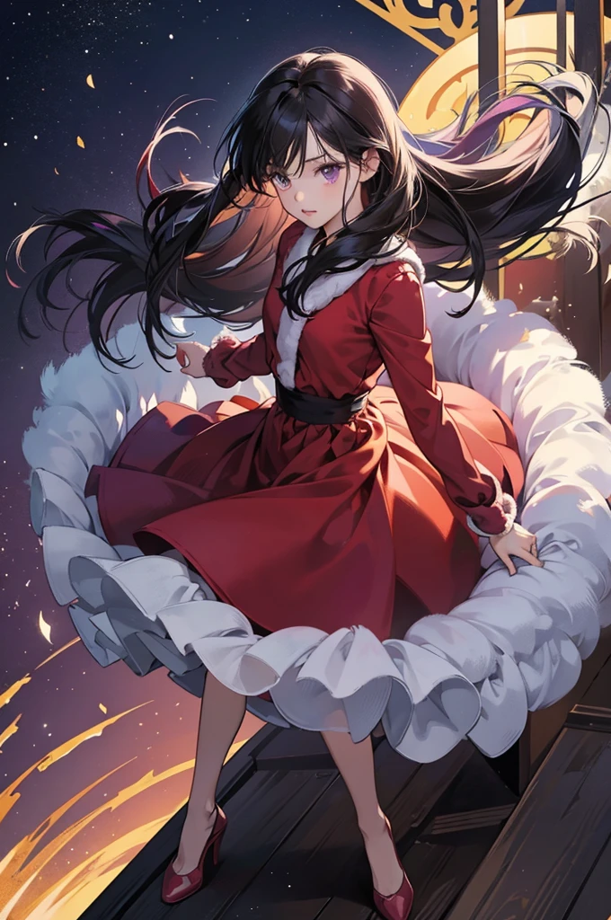 ((best quality)), ((masterpiece)), ((detailed)), ((1girl)), Kyoko Zodyck screenshot of a girl in Machi in Hunter x Hunter outfit, mature girl style, soft puffy, a character portrait including heart shape face, dark purple eyes, straight dark black long hair, super long hair, two roofs hair, short heels, variety of body styles lightly, gentle fantasy art, beautiful character painting, in Christmas background, epic and exquisite character art, stunning character art, beautiful girl.