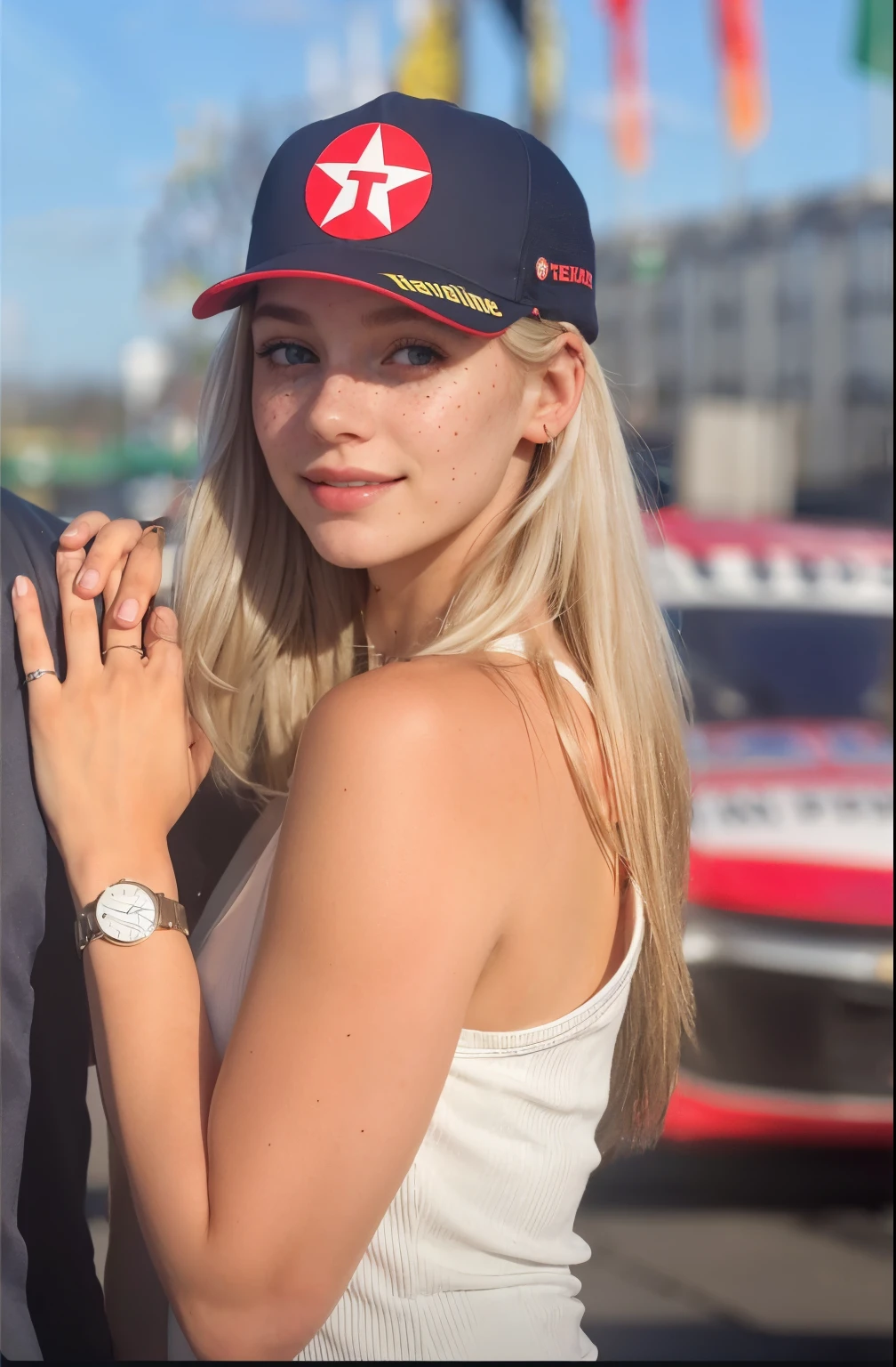 Woman, americana, age 25, pale skin and freckles, gray eyes, delicate nose, soft and delicate lips, far away, cabelo blondie far away e ondulado na altura da cintura, sweet smile, face with delicate feminine facial features, highly rendered