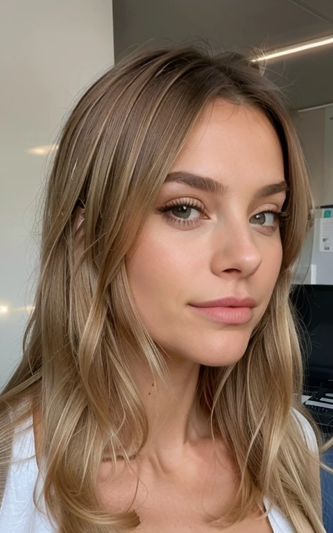 ((Tir lointain)) influenceuse blonde aux longs cheveux naturels ondulés,Combinez, extravagant , 8k, extrêmement détaillé, photoréaliste, détails complexes, texture de peau réaliste, cheveux réalistes, texture, heureux, 8k euh, meilleure qualité, haute résolution, Attention aux détails, très grand , Tir lointain, grand angle detail important je veux quelle soit dans son bureau de travaille comme si elle etuidait