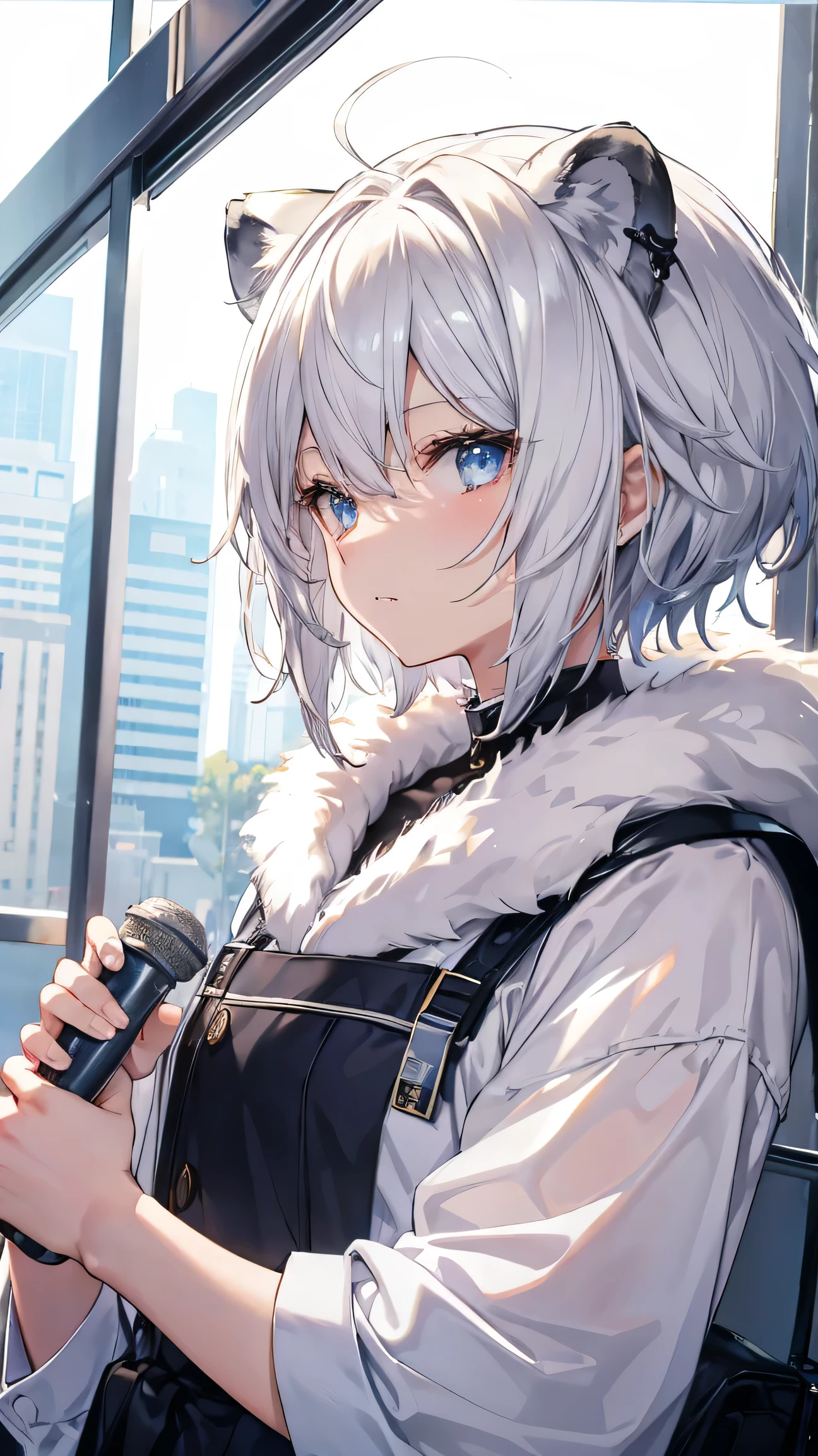 short hair、Silver Hair,lion ears,lion'Tail,Bronze skin,Dark Skin,Delicate and shining eyes、blue eyes,With a straight face,No Expression、Awkward、shine、reflected light、Film Grain、masterpiece、Textured Skin、Super Detail、High Detail、high quality、最high quality、high resolution、16K、shine,Fit body,Wedding dress,Hydrangea,whole body,veil
