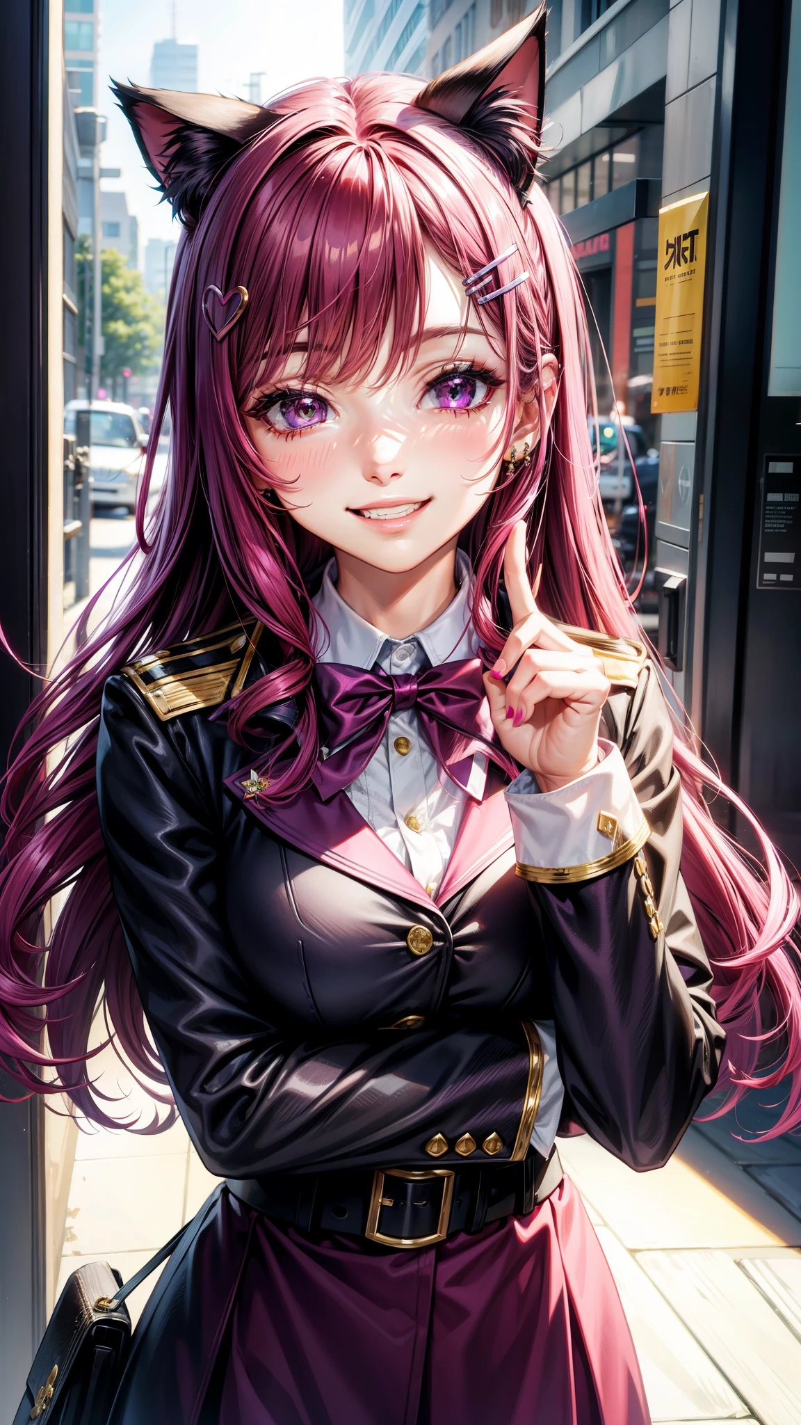 Magenta hair, hazel eyes, older woman, uniform clothes, hair jewel ornament, cat ears, long hair, smiling face