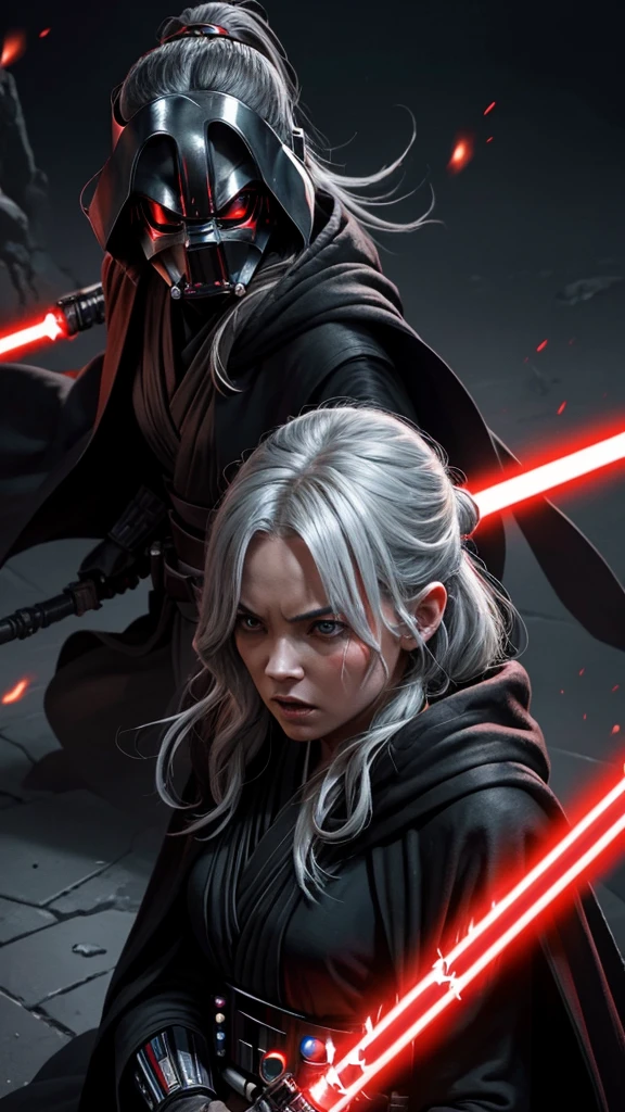 Star Wars reference; Sith Warrior, Assassin, bounty hunter, red lightsaber; opening attack, black pallete clothes and robes; full shining silver armor; female with angry expression; Empire Senate mini robes