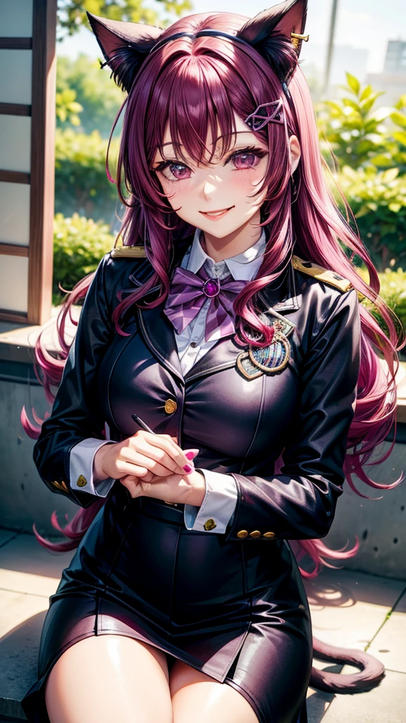 Magenta hair, hazel eyes, older woman, uniform clothes, hair jewel ornament, cat ears, long hair, smiling face