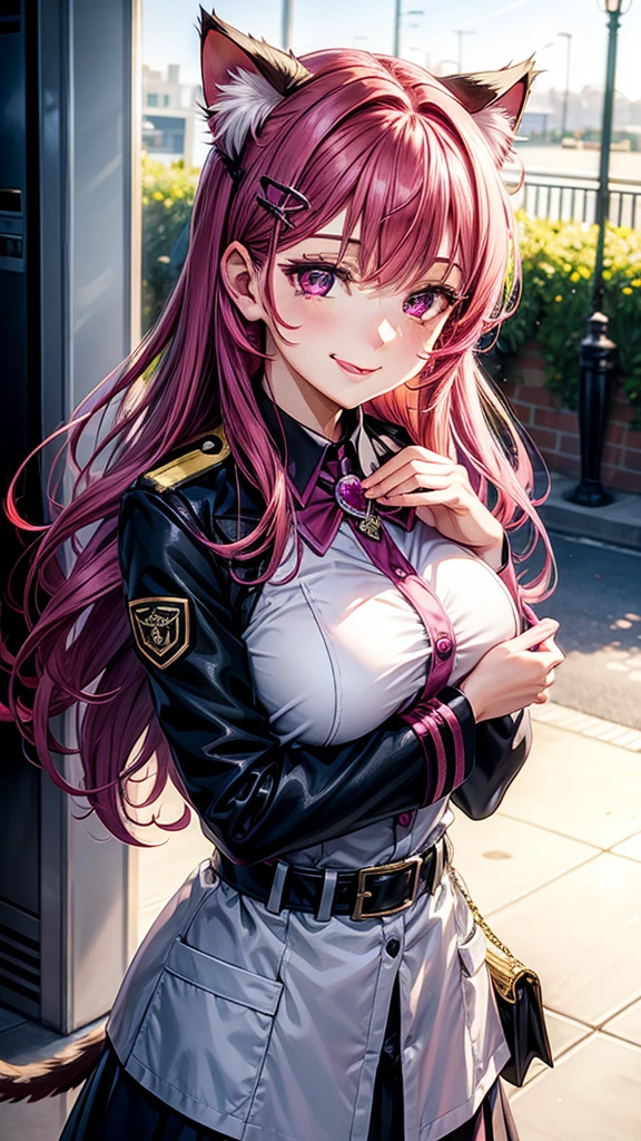 Magenta hair, hazel eyes, older woman, uniform clothes, hair jewel ornament, cat ears, long hair, smiling face