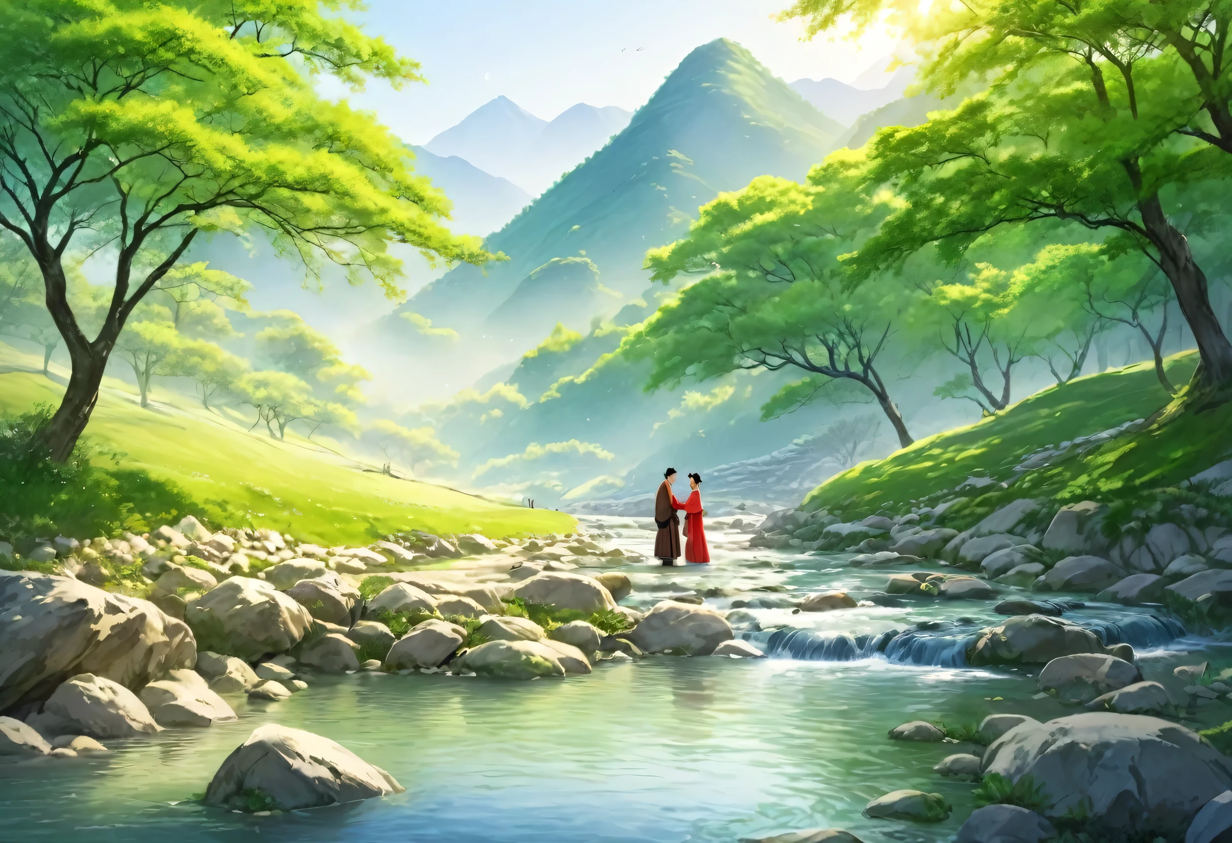 ancient china, spring morning with green trees, in the foot of a mountain there is a stream, a man and a woman wearing long hanfu standing on the bank of the stream kissing