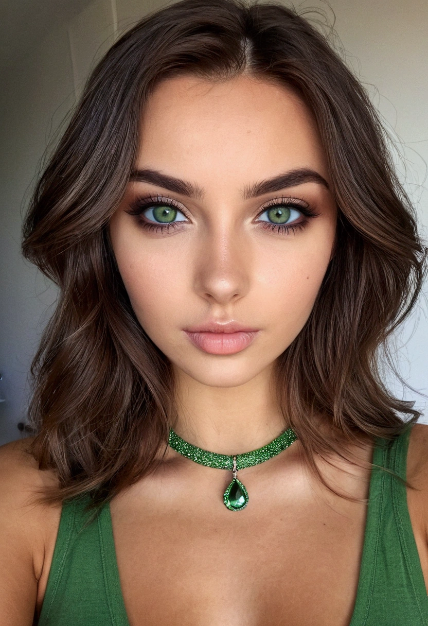 Arafed Femme portant un débardeur blanc et un collier, Fille sexy aux yeux verts, peau bronzée, Portrait Sophie Mudd, cheveux bruns et grands yeux, selfie d'une jeune femme, yeux de la chambre, Violette Myers, sans maquillage, Maquillage naturel, regardant directement la caméra, Cara avec Artgram, maquillage subtil, Impresionante foto de corps entier, yeux verts perçants, bel angle, pose attrayante, Mignon , pose sexy, Image du corps entier, corps entier, séance photo sur tout le corps, déesse brune, Détail élevé, Pose satisfaite, pantalon en cuir