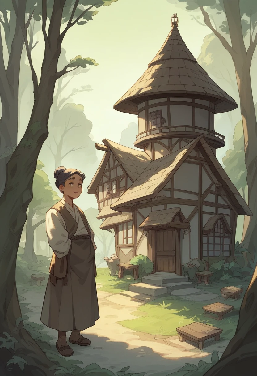 "A quaint village on the edge of a dense, dark forest. The village features small, cozy houses with thatched roofs and smoke rising from chimneys. The forest is large and shadowy in the background. The scene includes villagers in traditional attire, with women wearing simple dresses and men in tunics."