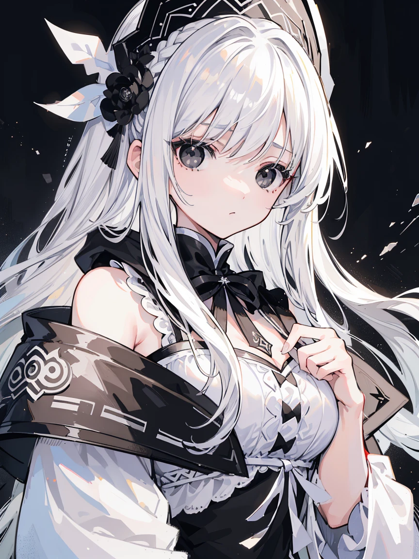 (Top image quality)、(Very detailed)、(Facing forward)、Top quality、masterpiece、(((1 girl )))、Silver Hair、White hair、((Long hair))、Weaving、(black eyes:1.6)、(White and black cheongsam)、Hooded dress、Lots of decorations、Lots of ribbons、White Ribbon、Fluffy loose hair
