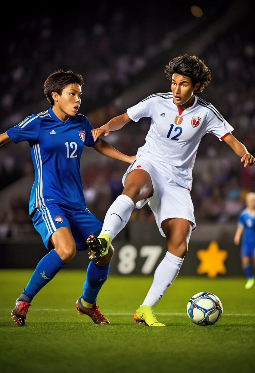 (Sports Photography), On the soccer field, two players compete fiercely for the ball. The shutter captures the tension and determination on their faces, using low angles and high shutter speeds to highlight the tension and intensity of the game, full body, award-winning, cinematic still, emotional, vignette, dynamic, vivid, (masterpiece, best quality, photorealistic, Professional, perfect composition, very aesthetic, absurdres, ultra-detailed, intricate details:1.3)
