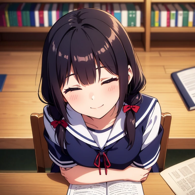 1girl, 16yo, sitting,
(bend over, put own head on the desk), arms on desk, hands on desk, hands in front, arms down,
(closed eyes), happy smile,
indoors, desk, chair, bookshelf, library, black hair, very long hair, (low twintails), low pigtails, red hair ribbon,
navy-blue collar, white serafuku with blue ribbon, navy-blue skirt,
(dark brown eye), upper body,
afternoon, summer,
from front, from above,
high brightness, detailed face, detailed eyes,
(high quality, ultra detailed, masterpiece, super detail, highres, anatomically correct, UDH),
Japanese anime style, extremely cute, good hands, good fingers,