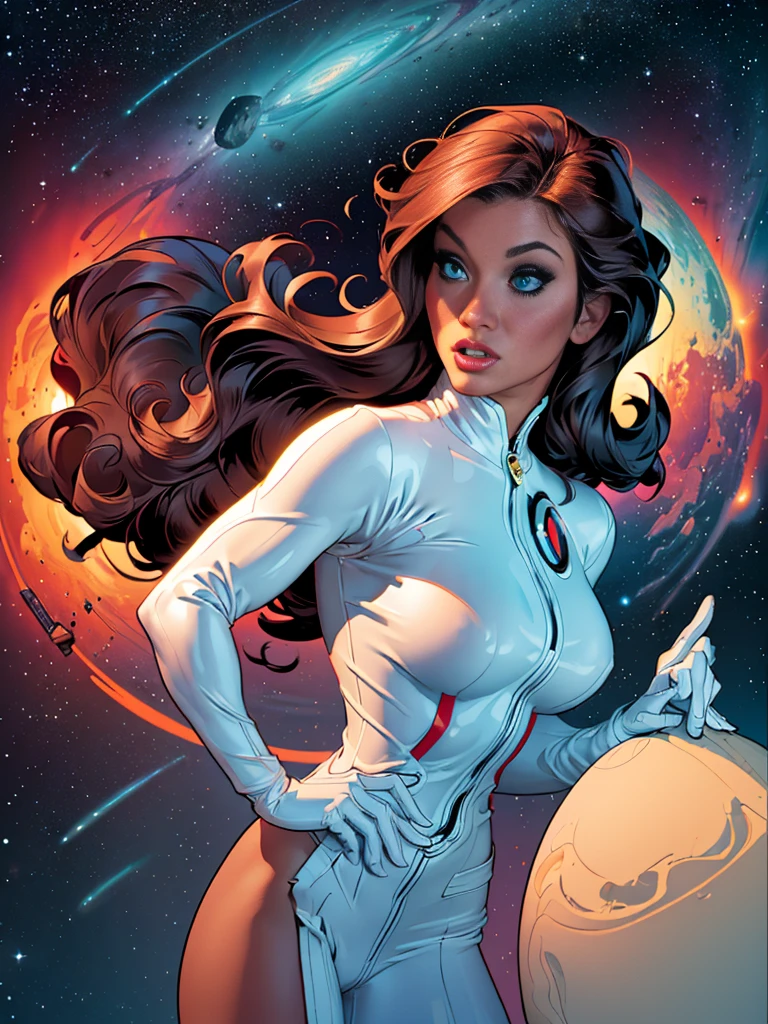 Rita Faltoyano wearing a tight white space suit with futuristic cybberpunk red trim, while flying through space on a surfboard. (((fully body))) on the comic panel, whole body, bold lineart illustration comics, alluring blue eyes, parted lips, perfectbody, curved, Fitness, NSFW, in the style of Adam Hughes, (((​masterpiece))), (((grown-up))) Explore retro-futuristic aesthetics, highlighting your confidence and skill while challenging the limits of the cosmos. 