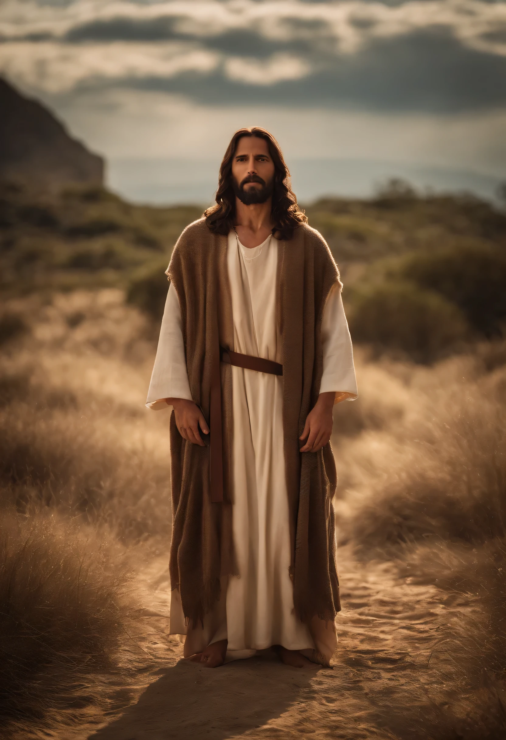 JesusChrist, daytime climate, crochet clothes, steady look, professional foto, FILM