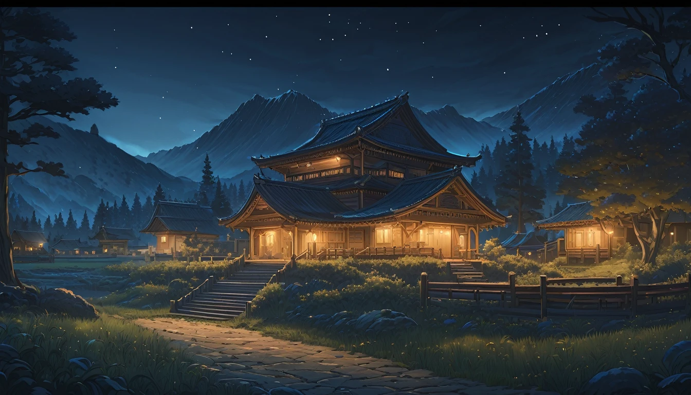 masterpiece, best quality, number, illustration, Anime style background, landscape, Low exposure, 4K resolution, Extreme details, Very detailed, night, light, Trees, Comfort, architecture