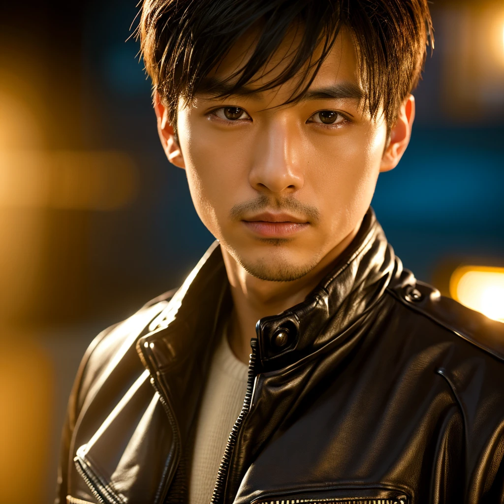 a japanese man with short hair wearing a leather jacket, in london, detailed face, photo realistic, cinematic lighting, 8k, highly detailed, studio lighting, sharp focus, volumetric lighting, dramatic shadows, warm colors, vibrant colors, golden hour lighting