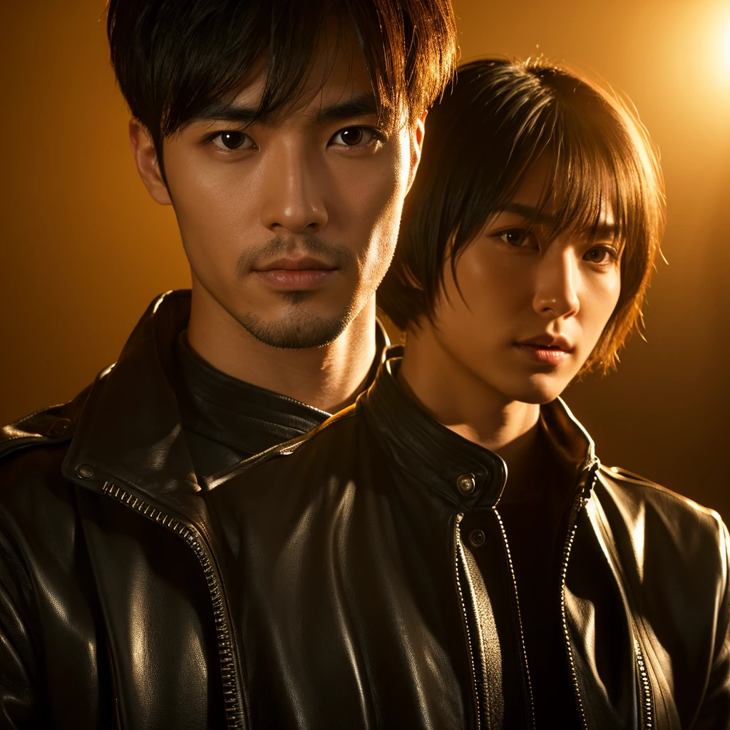 a japanese man with short hair wearing a leather jacket, in london, detailed face, photo realistic, cinematic lighting, 8k, highly detailed, studio lighting, sharp focus, volumetric lighting, dramatic shadows, warm colors, vibrant colors, golden hour lighting